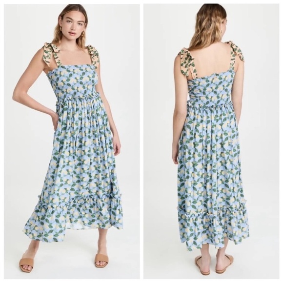 Palmacea Swimwear Dresses & Skirts - Palmacea Floral Smocked Bow Shoulder Maxi Dress Acacia Blue Yellow